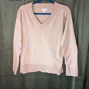 Knox Rose Beige V-Neck Sweater with Sparkle Star Accents